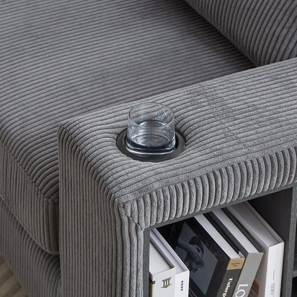 English Elm 102.75*102.75" L-Shaped Modular Sectional Sofa with Corduroy Upholstery, Storage Arm, Cup Holder, 5-Seat Convertible Lounge Grey W1926S00055