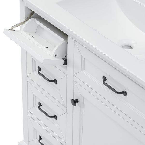 English Elm 36-Inch Modern Bathroom Vanity with Ceramic Basin, 4 Drawers & Soft-Close Door, Pre-Drilled Faucet Ready, Durable MDF and Solid Wood Construction (36"L x 18.3"W x 33.4"H) White N725P296118K