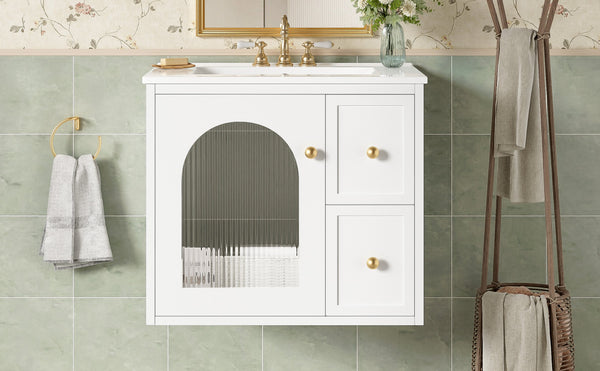 English Elm 24" Floating Bathroom Vanity with Ceramic Sink Two Drawers White Mdf Cabinet N710P286704K