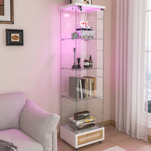 English Elm Modern Glass Display Cabinet With Drawer - Stylish Led-Illuminated Storage For Collectibles & More W241P268237