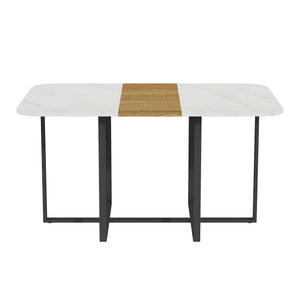 English Elm Modern Faux Marble Walnut Dining Table Geometric Black Base Seats Six W3875P372866