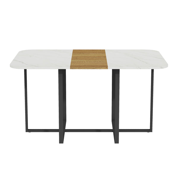 English Elm Modern Faux Marble Walnut Dining Table Geometric Black Base Seats Six W3875P372866