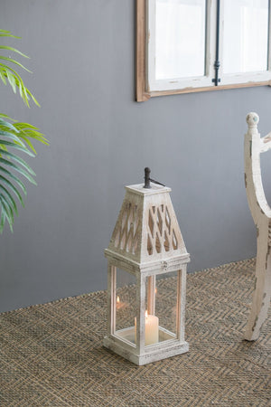 English Elm Set of 2 French Country Fir Wood Lanterns with Carved Lattice Tops Weathered White Finish W2078P495672