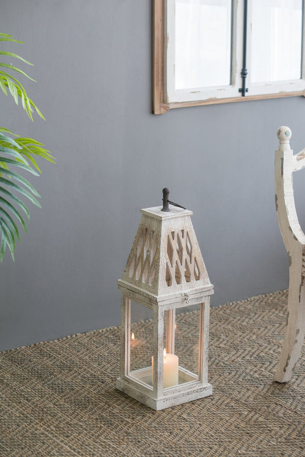 English Elm Set of 2 French Country Fir Wood Lanterns with Carved Lattice Tops Weathered White Finish W2078P495672