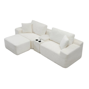English Elm Modular Cloud Sectional Sofa with Corduroy Deep Seating Usb Ports and Storage Ottoman Beige W1117S00358