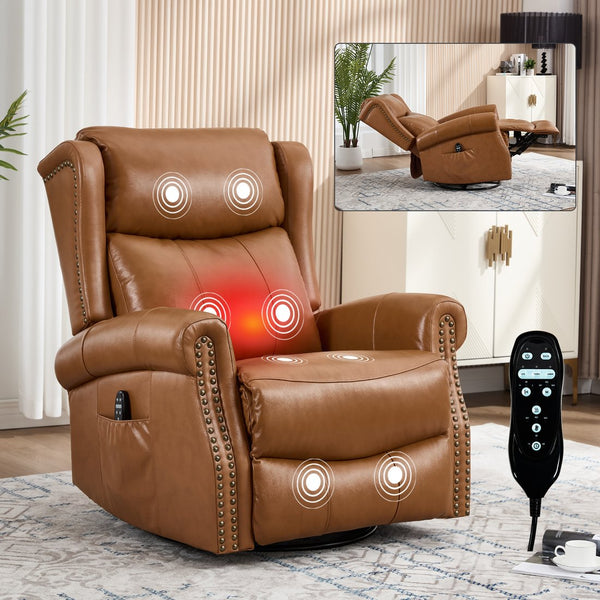 English Elm Heat Massage Swivel Rocker Recliner in Genuine Leather for Living Room Comfort W3224S00013