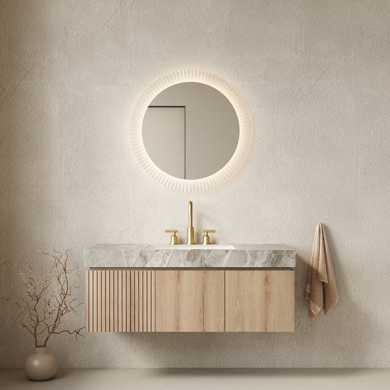 English Elm Muri Floating Bathroom Vanity with Sintered Stone Top and White Oak Plywood Cabinet W2615S00586