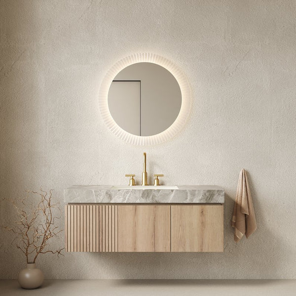 English Elm Muri Floating Bathroom Vanity with Sintered Stone Top and White Oak Plywood Cabinet W2615S00586