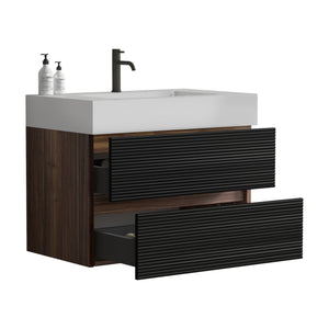 English Elm 30' Mid-Century Wall-Mounted Vanity with Oak-Tone Walnut Finish, Extra Storage & Soft-Close Drawers Black,Glossy White W1865S00171