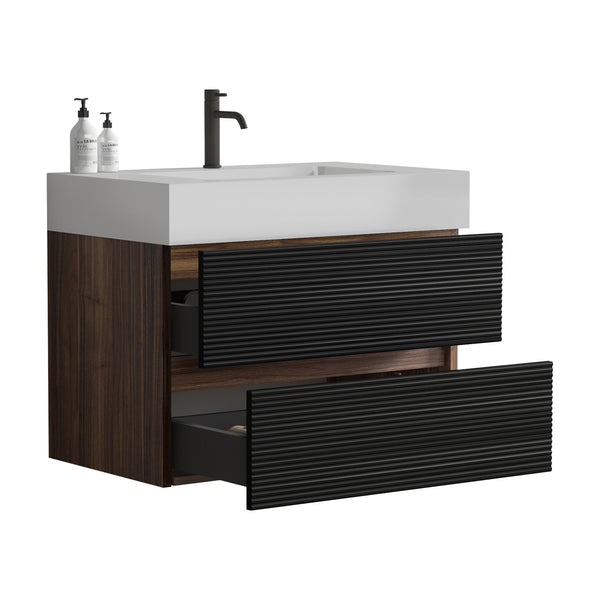 English Elm 30' Mid-Century Wall-Mounted Vanity with Oak-Tone Walnut Finish, Extra Storage & Soft-Close Drawers Black,Glossy White W1865S00171