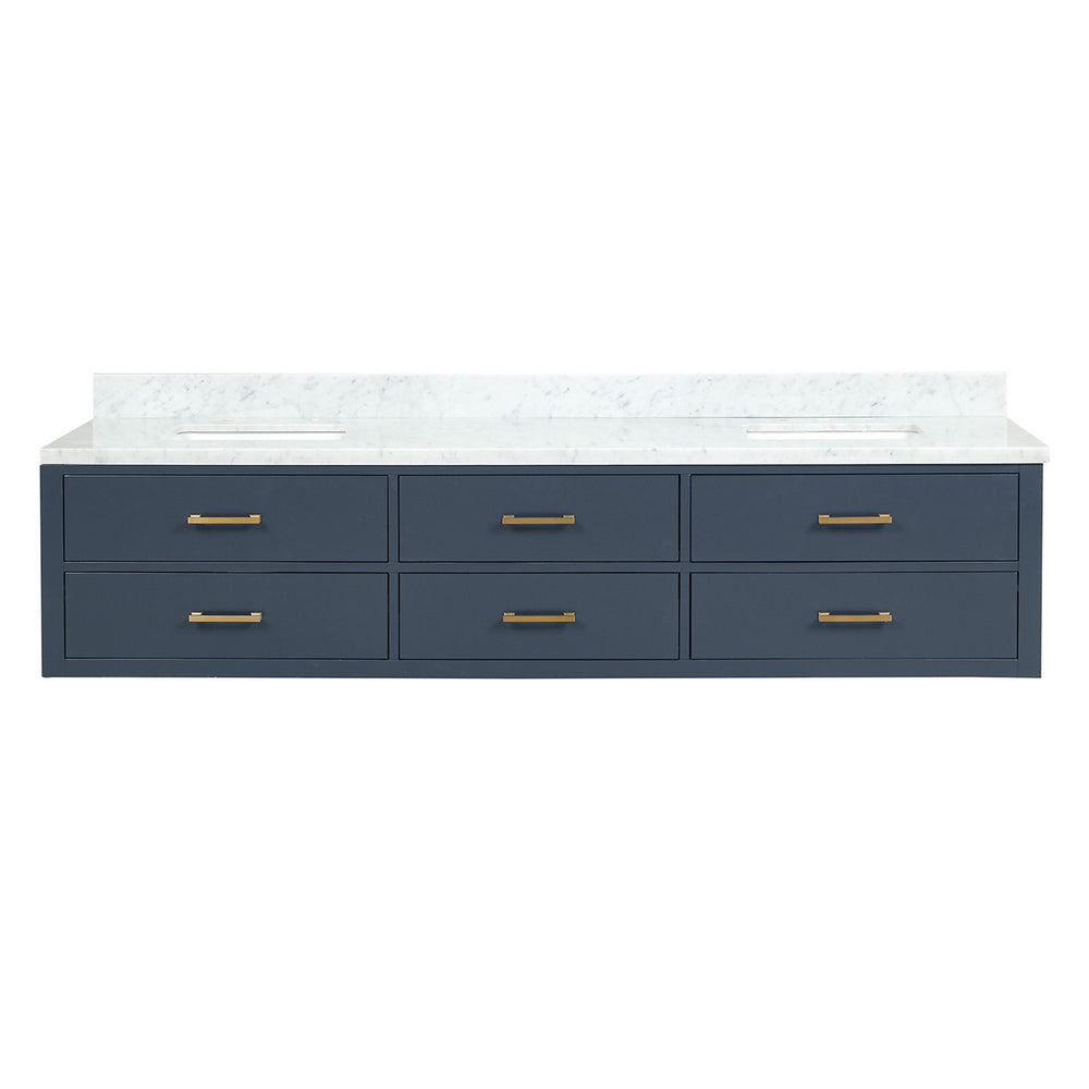 English Elm Blue Double Bath Vanity 84" W With Carrara Marble Top, Soft-Close Drawers & Elegant Design B2731P258146