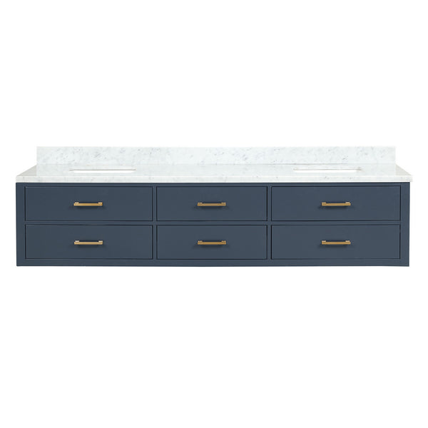 English Elm Blue Double Bath Vanity 84" W With Carrara Marble Top, Soft-Close Drawers & Elegant Design B2731P258146