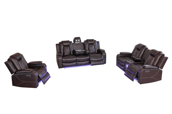 English Elm Violetglow Reclining Sofa with Led Lighting Wireless Charging and Bluetooth Speakers Brown B2730S00033