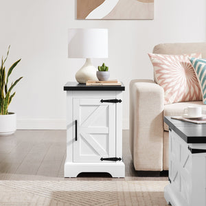 English Elm Farmhouse Rustic End Table with Barn Door Concealed Storage, Metal Handle, Retro Decor, Sturdy Base White+Black W2275P192793