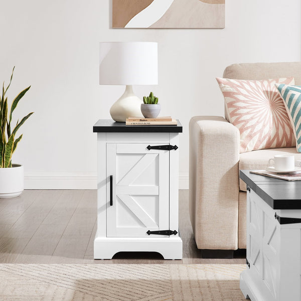 English Elm Farmhouse Rustic End Table with Barn Door Concealed Storage, Metal Handle, Retro Decor, Sturdy Base White+Black W2275P192793