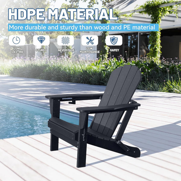 English Elm Adirondack Hdpe Folding Chair Set Outdoor Patio Fire Pit Seating with Cup Holder Black W1859P453284