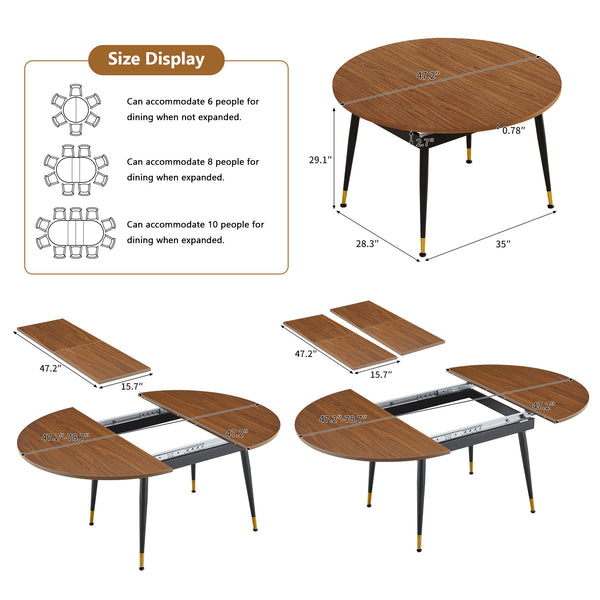 English Elm Walnut Oval Extendable Dining Table Seats up to Ten with Sleek Black Metal Legs W3875S00101