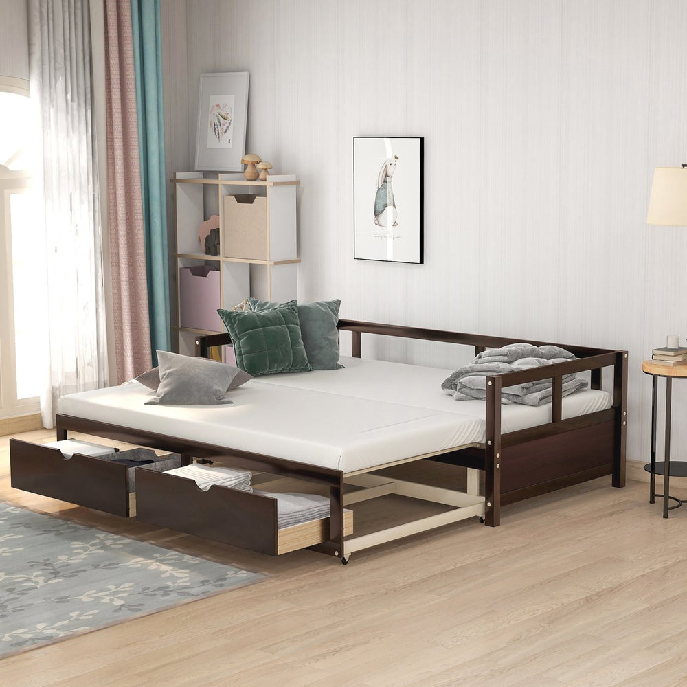 English Elm Wooden Twin to King Daybed with Trundle and Storage Drawers for Guest Rooms Espresso N708P336539P