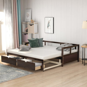 English Elm Wooden Twin to King Daybed with Trundle and Storage Drawers for Guest Rooms Espresso N708P336539P