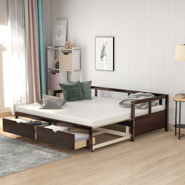English Elm Wooden Twin to King Daybed with Trundle and Storage Drawers for Guest Rooms Espresso N708P336539P
