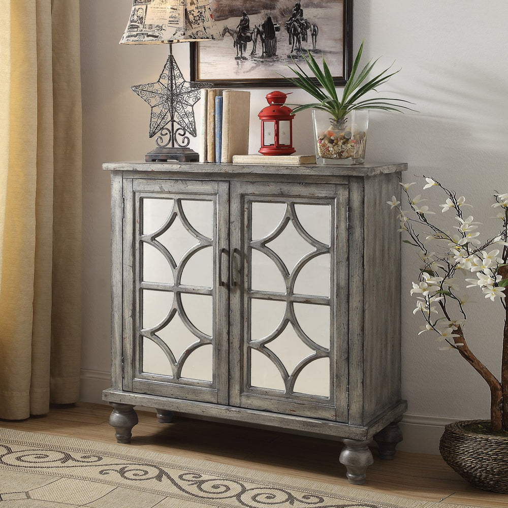 English Elm Weathered Grey Diamond-Trim Console Cabinet with 2 Doors, Rustic Elegant Storage for Entryway Decor B062P186487