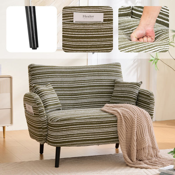 English Elm Modern tufted two-seater sofa with boucle upholstery, tapered legs, storage pockets, cozy compact design Olive Green W395P376589