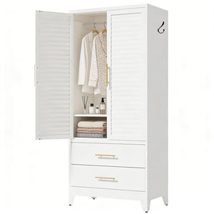 English Elm White Steel Freestanding Wardrobe Cabinet with Rod and Shelves for Dorm or Apartment T2398P480393
