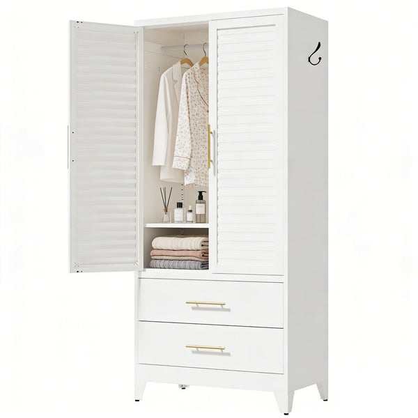 English Elm White Steel Freestanding Wardrobe Cabinet with Rod and Shelves for Dorm or Apartment T2398P480393