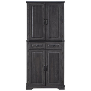 English Elm K&K 71" Tall Farmhouse Pantry Cabinet with Groove Edges, 3 Pull-Out Organizers, 6 Door Shelves Black N707P256507B