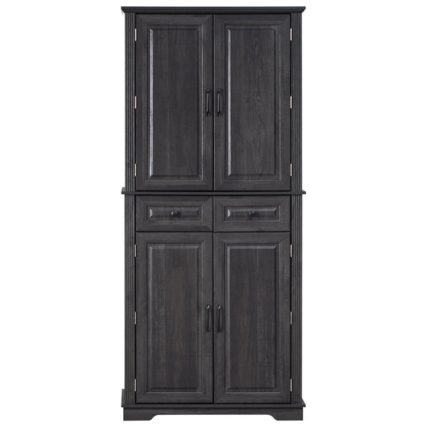 English Elm K&K 71" Tall Farmhouse Pantry Cabinet with Groove Edges, 3 Pull-Out Organizers, 6 Door Shelves Black N707P256507B