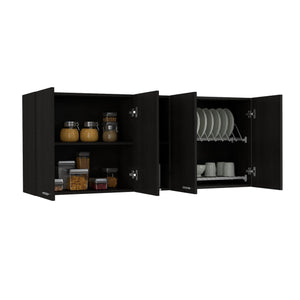 English Elm Wall Mounted Kitchen Cabinet Four Door Black Finish with Open Shelves and Dish Organizer B097133121