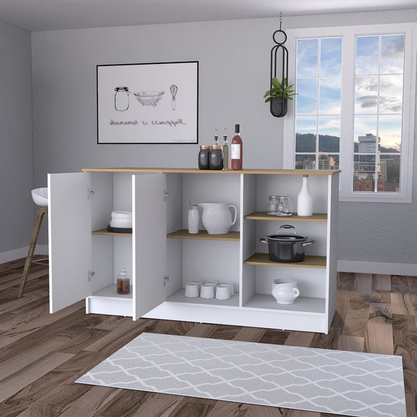 English Elm Gladiolus modern melamine kitchen island with 2 doors, 3 open shelves for organized prep and storage B128S00006