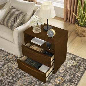English Elm Mid Century Modern nightstand with USB charging, louver drawers, open shelf and hidden cord storage Walnut Brown W1801P303385