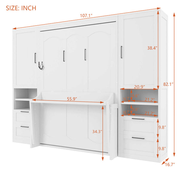 English Elm Full Size Murphy Wall Bed with Wardrobe Drawers and Shelves for Studio Spaces LP000908AAK-1