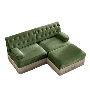 English Elm L-shaped Velvet Sectional Sofa Tufted Chesterfield Style with Tassel Skirt for Living Room Green W714S01704