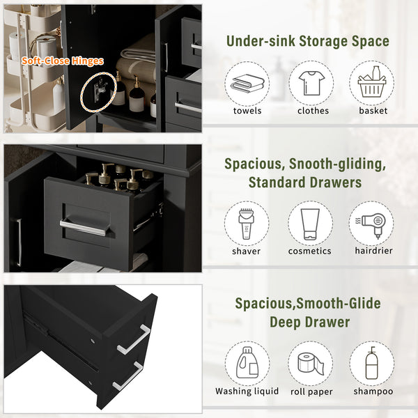 English Elm 30" Freestanding Bathroom Vanity Ceramic Sink Soft Close Cabinet Gray Wood Frame Black N729P427118B