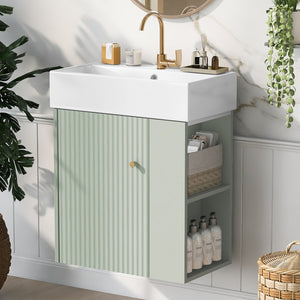 English Elm 21.6 inch Modern Floating Bathroom Vanity with Ceramic Basin, Wave Door, Rose Gold Handle Green N729P170388F