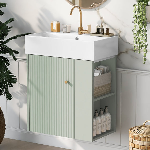English Elm 21.6 inch Modern Floating Bathroom Vanity with Ceramic Basin, Wave Door, Rose Gold Handle Green N729P170388F