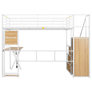 English Elm Full Full Size Metal Loft Bed with Built-In Desk, Wardrobe & Stair Storage, LED Lights, Space-Saving White GX000663AAK