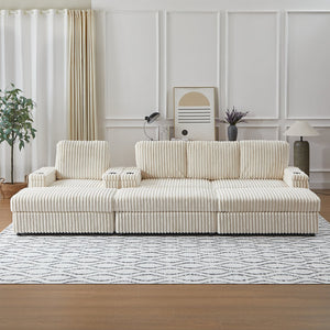 English Elm Corduroy minimalist coffee table conversion sofa set with cup grooves, recliner comfort and L-shaped layout for hosting Beige W834S00546