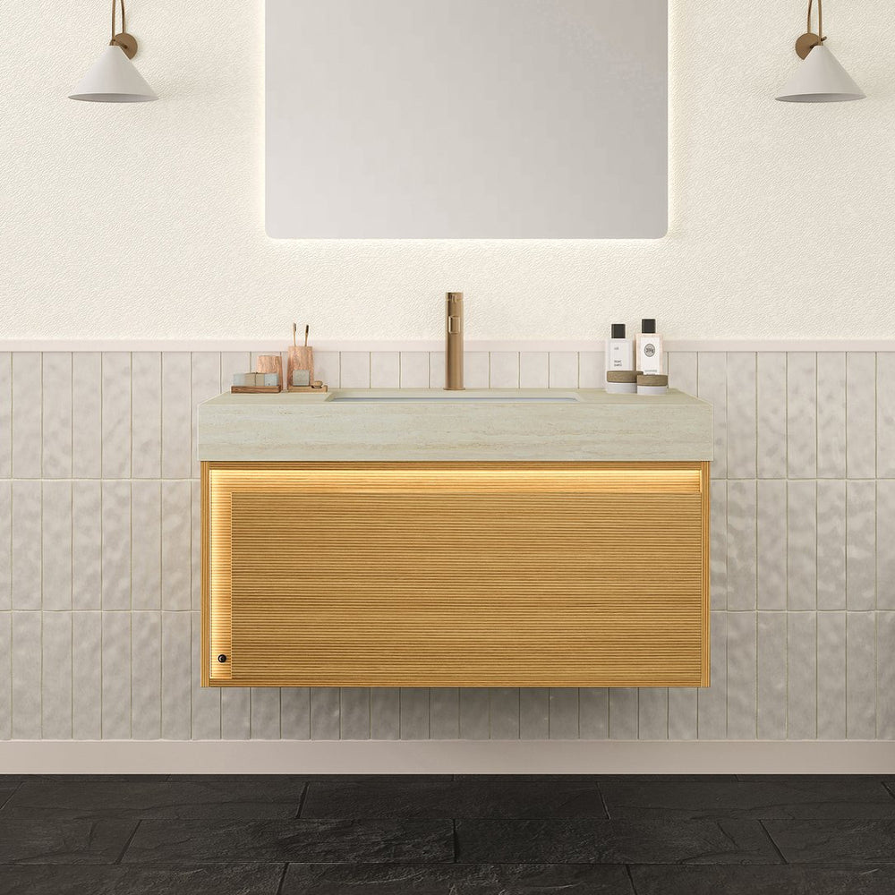 English Elm NYAH Floating 36" Bathroom Vanity with Sintered Stone Top, Ceramic Undermount Basin, LED Sensor Lighting and Soft-Close Drawer System Beige,Light Oak W2615S00369