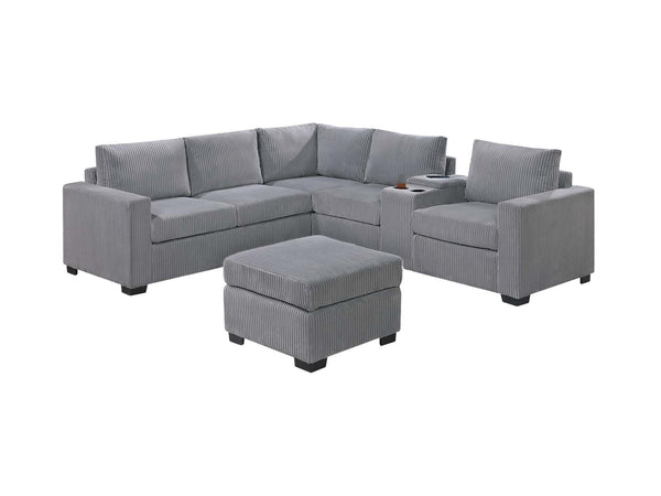 English Elm Modern Fur-Like Corduroy Sectional Sofa Set with USB Console, Ottoman & Plush Pillows for 5 Guests Light Gray 12 L x 23 W x 33 H B011S01751