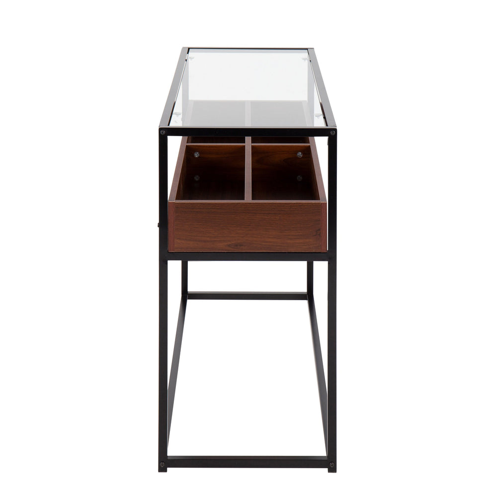 English Elm Contemporary Glass Top Console Table with Matte Black Frame and Wood Storage Walnut B202P223378