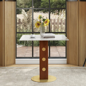 English Elm Modern Square Dining Table - 33.5" Sintered Stone Top With Wooden Legs & Gold Base For 2 People W1535S00583