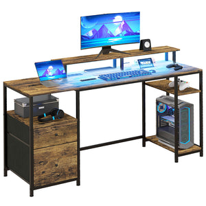 English Elm HOMCOM 61" Gaming Computer Desk with LED Strip, Dual Outlets & USB, Monitor Stand, Storage Drawers W2225P200372