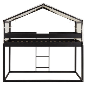 English Elm Twin Over Kids Bunk Bed with Tent Canopy Farmhouse Pinewood Playroom Frame Espresso N708P248523P