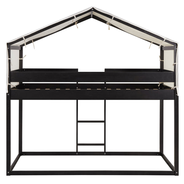 English Elm Twin Over Kids Bunk Bed with Tent Canopy Farmhouse Pinewood Playroom Frame Espresso N708P248523P