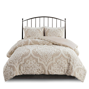 English Elm 3 Piece Tufted Cotton Chenille Damask Comforter Set Full/Queen - Shabby Chic Oeko-Tex Soft Durable taupe 24.02 L x 19.29 W x 10.63 H B03597173