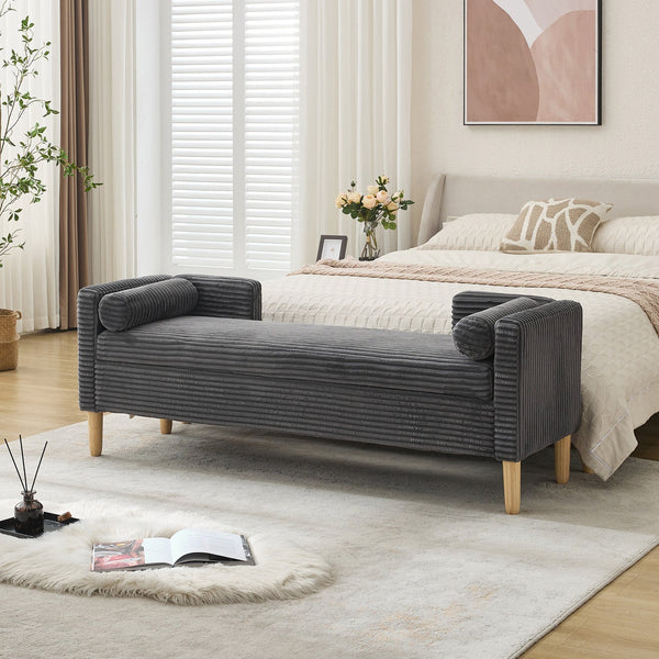 English Elm 65.35"wide Corduroy Storage Bench Ottoman with Bolster Pillows and Rubberwood Legs W3118P410501