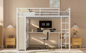 English Elm Queen Size Loft Bed Frame With Desk, Wardrobe & Storage Shelves – Stylish Space-Saving Solution! W1580S00179-GIGA